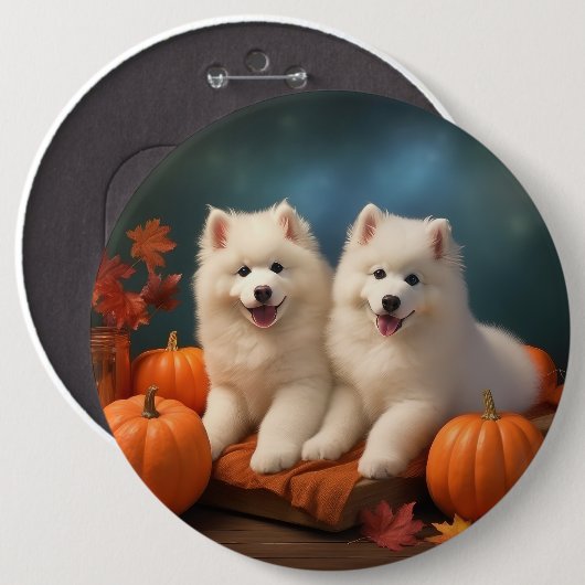 Samoyed Puppy Herfst Delight Pompoen Ronde Button 6,0 Cm (Voorkant /achterkant)