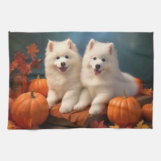 Samoyed Puppy Herfst Delight Pompoen Theedoek (Horizontaal)