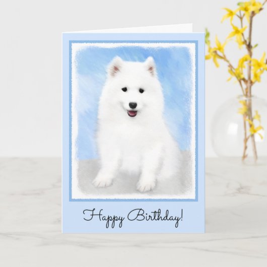 Samoyed Puppy Painting - Cute Original Dog Art Kaart (Gele Bloem)
