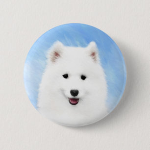 Samoyed Puppy Schilderij - Mooie Originele Honden Ronde Button 5,7 Cm