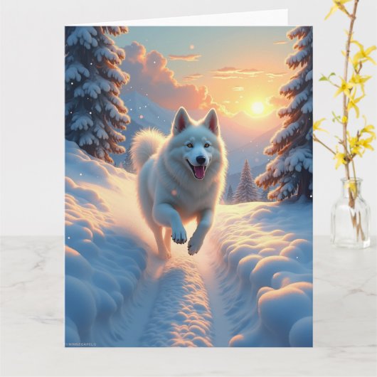Samoyed Snowy Mountain Adventure Christmas Kaart (Gele Bloem)