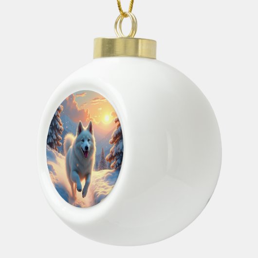 Samoyed Snowy Mountain Adventure Christmas Keramische Bal Ornament (Rechts)