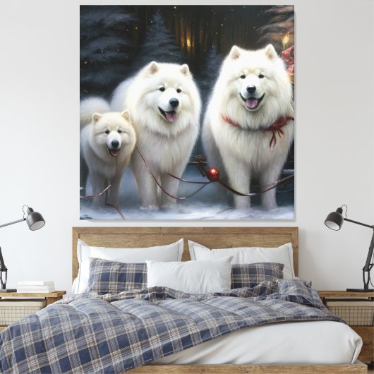 Samoyed Snowy Sleigh Kerstmisdecor Canvas Afdruk (Insitu (Slaapkamer))