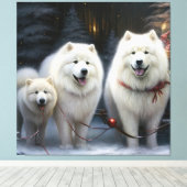 Samoyed Snowy Sleigh Kerstmisdecor Canvas Afdruk (Insitu (Houten vloer))