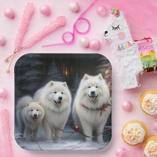 Samoyed Snowy Sleigh Kerstmisdecor Papieren Bordje (Feest)