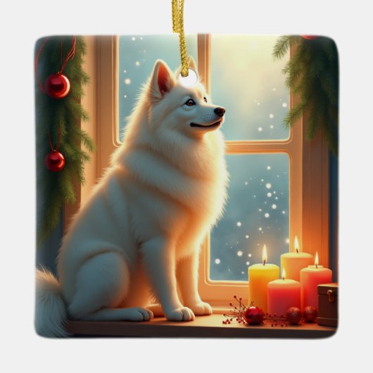 Samoyed Under the Mistletoe Christmas Painting Keramisch Ornament (Voorkant)