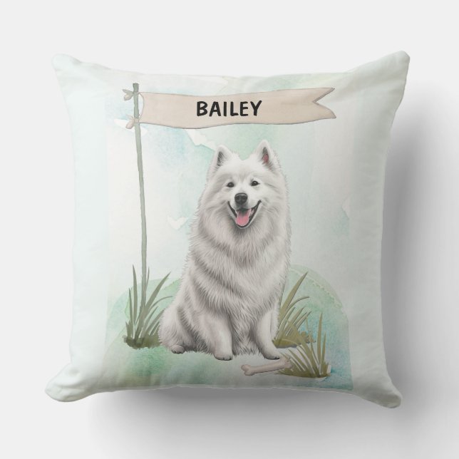 Samoyed Watercolor Personalized Dog Kussen (Voorkant)