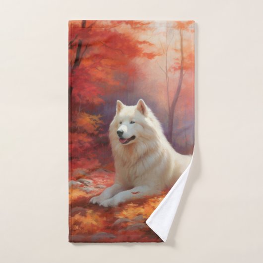 Samoyède dans les feuilles d'automne tombées inspi (Serviette à main)