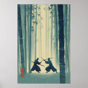 Samurai Bamboe Print Japanse Natuur Kunst (Blauw