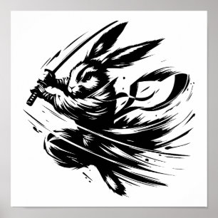 Samurai Bunny Zwarte Inkt Krijger Konijn Poster