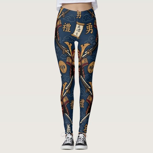 Samurai Bushido Code Deugden Naadloos Patroon Leggings (Voorkant)