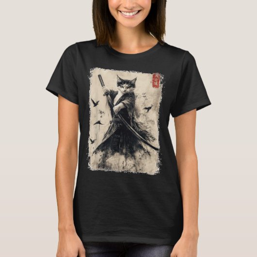 Samurai Cat Graphic T-shirt Warrior Japans (Voorkant)