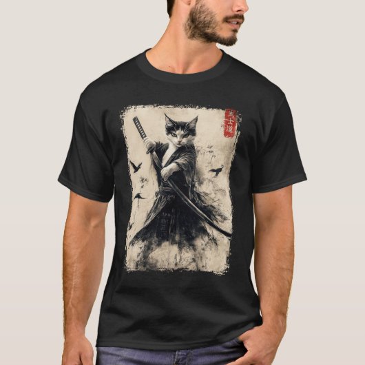Samurai Cat Graphic T-shirt Warrior Japans A (Voorkant)