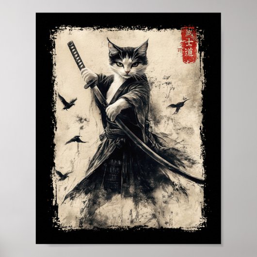 Samurai Cat Graphic T-shirt Warrior Japans A Poster (Voorkant)
