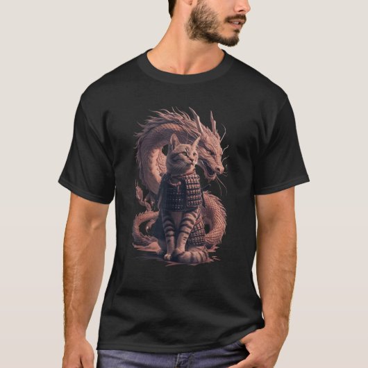 Samurai Cat met Dragon T-Shirt (Voorkant)
