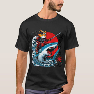 Samurai Cat Ninja Japanese Art Cat Shark Kanagawa  T-shirt