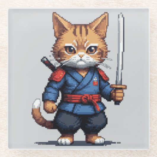 Samurai Cat Pixel Art Glazen Onderzetter (Voorkant)