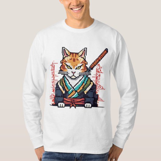 Samurai Cat Pixel Art meesterwerk T-shirt (Voorkant)
