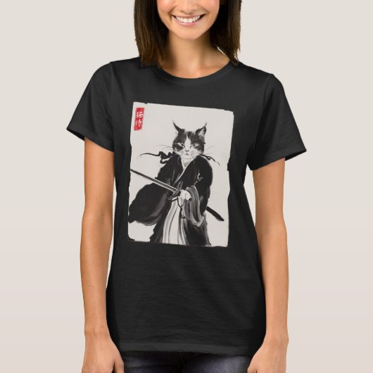 Samurai Cat Warrior Ink Art Grappige Japanse stijl T-shirt (Voorkant)