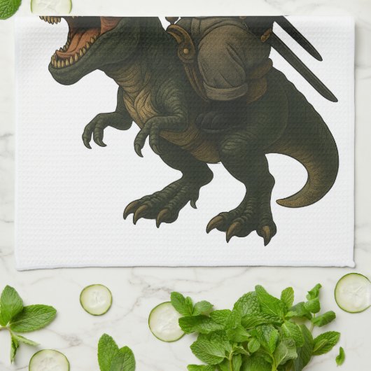 Samurai Cat with Beer & T-Rex | Retro Japanese Art Theedoek (Gevouwen)