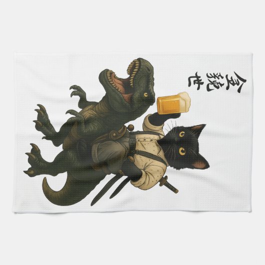 Samurai Cat with Beer & T-Rex | Retro Japanese Art Theedoek (Horizontaal)