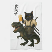 Samurai Cat with Beer & T-Rex | Retro Japanese Art Theedoek (Verticaal)