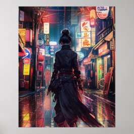 Samurai CyberPunk Modern Nightscape Futuristisch Poster