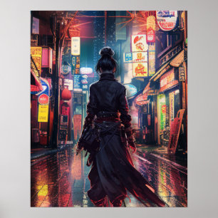 Samurai CyberPunk Modern Nightscape Futuristisch Poster