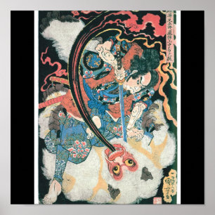 Samurai doodt een demon, oude Japanse schilderijen Poster