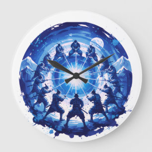 Samurai Eenheid Japans Blauw Inkt Kunst Cirkelvorm Grote Klok