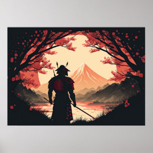 Samurai en Mt Fuji met Moon en Cherry Blossom Poster
