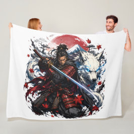Samurai en White Wolf Mok | Japanse Krijger Fantas Fleece Deken