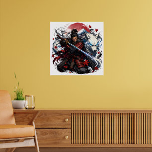 Samurai en Witte Wolf Mok Japanse Krijger Fantas Poster