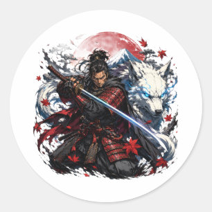 Samurai en Witte Wolf Mok Japanse Krijger Fantas Ronde Sticker