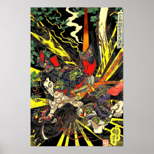 Samurai Fighting Dragon Antiek Japanse Manga Poster
