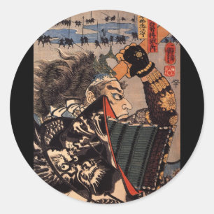 Samurai in een mooie drakenarmband, c. jaren '1800 ronde sticker