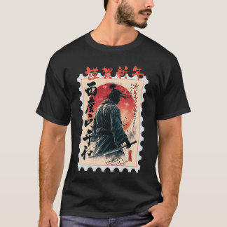 Samurai in Vintage Japanese Style with Red Sun and T-shirt
