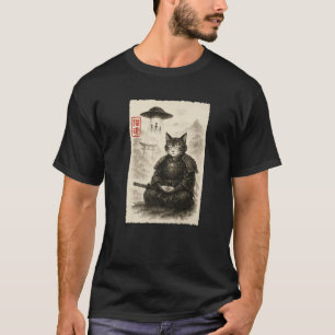 Samurai Kat Alien UFO Grappige Invasie Meme Sumi e T-shirt