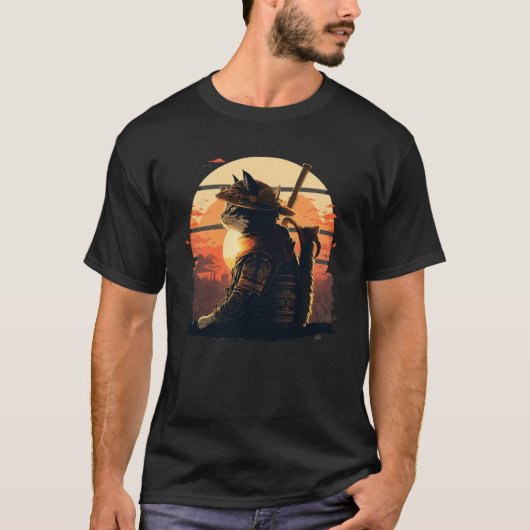 samurai kat japans zonsondergang stijl kitten t-shirt (Voorkant)
