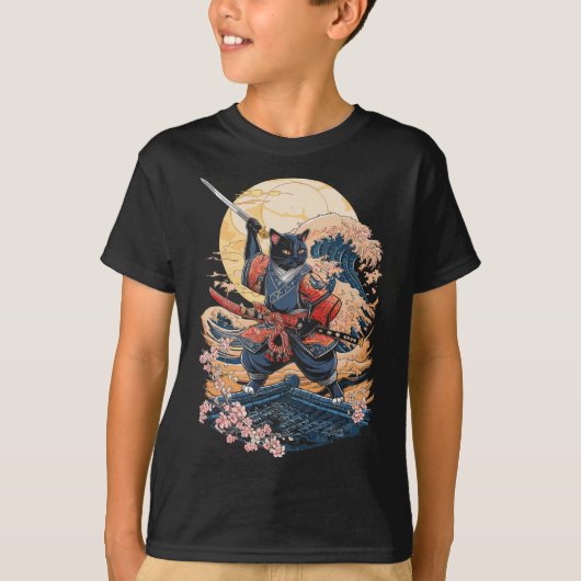 Samurai Kat Japanse Kat Anime Ninja T-shirt (Voorkant)