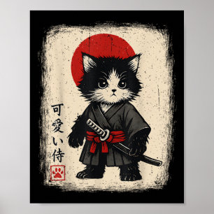 Samurai Kat Japanse Vintage Kawaii Grappige Katten Poster