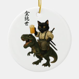 Samurai Kat met Bier & T-Rex Retro Japanse Kunst Keramisch Ornament