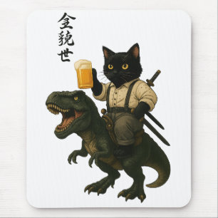 Samurai Kat met Bier & T-Rex Retro Japanse Kunst Muismat