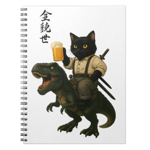 Samurai Kat met Bier & T-Rex Retro Japanse Kunst Notitieboek
