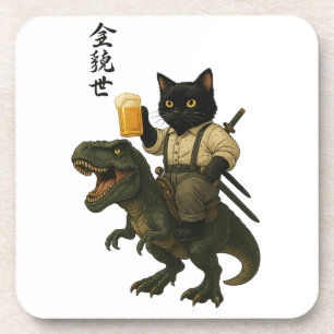 Samurai Kat met Bier & T-Rex   Retro Japanse Kunst Onderzetter