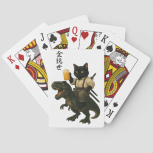 Samurai Kat met Bier & T-Rex Retro Japanse Kunst Pokerkaarten