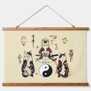 SAMURAI-KATTEN IN SKULL, SKELETON, BUTTERFLY-TATTO HANGEND WANDKLEED