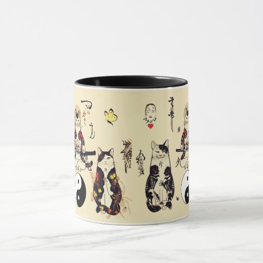 SAMURAI-KATTEN IN SKULL, SKELETON, BUTTERFLY-TATTO MOK (Midden)