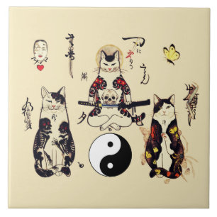 SAMURAI-KATTEN IN SKULL, SKELETON, BUTTERFLY-TATTO TEGELTJE