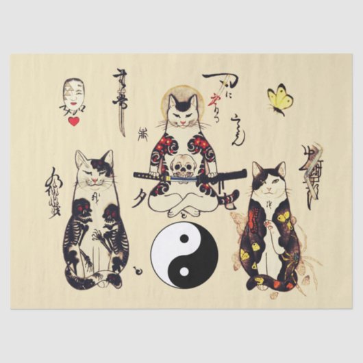 SAMURAI-KATTEN IN SKULL, SKELETON, BUTTERFLY-TATTO TISSUEPAPIER (Voorkant)